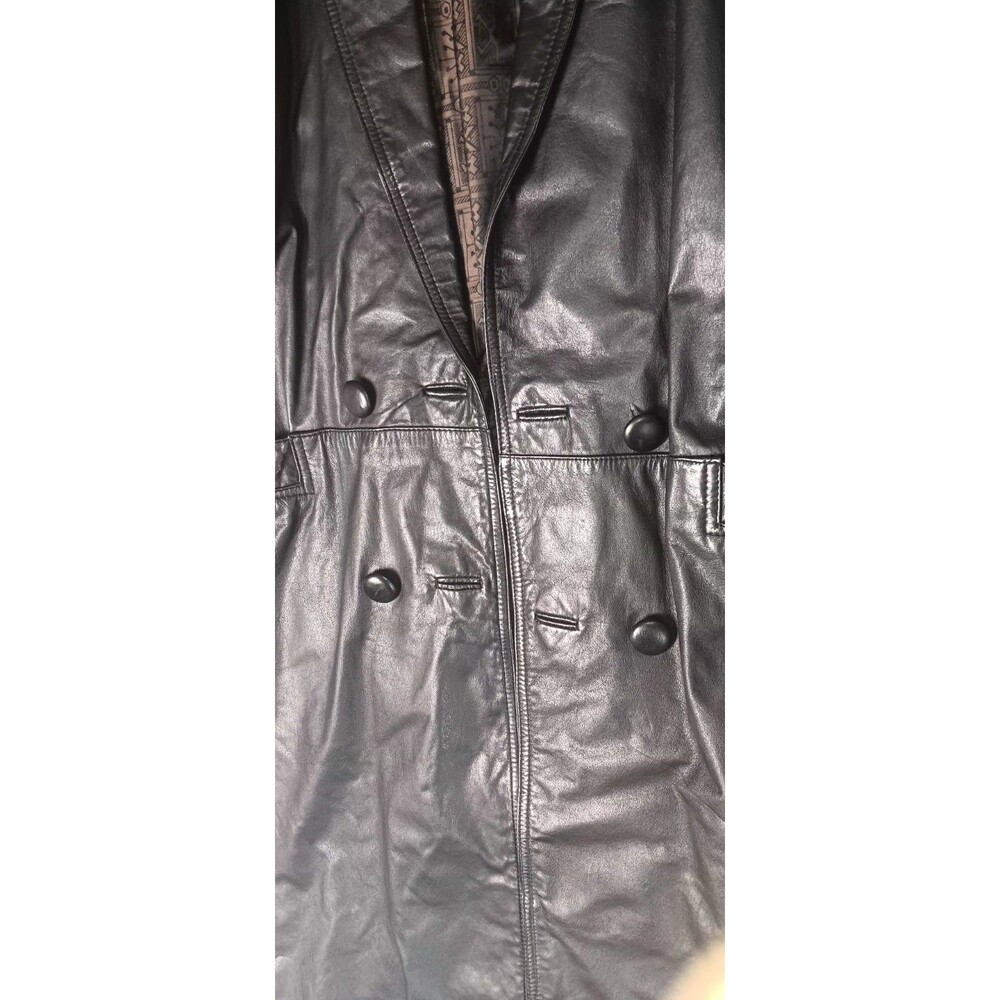 VTG G III Double Breasted Full Length Leather Trench Coat L Black Matrix Grunge - Picture 8 of 15